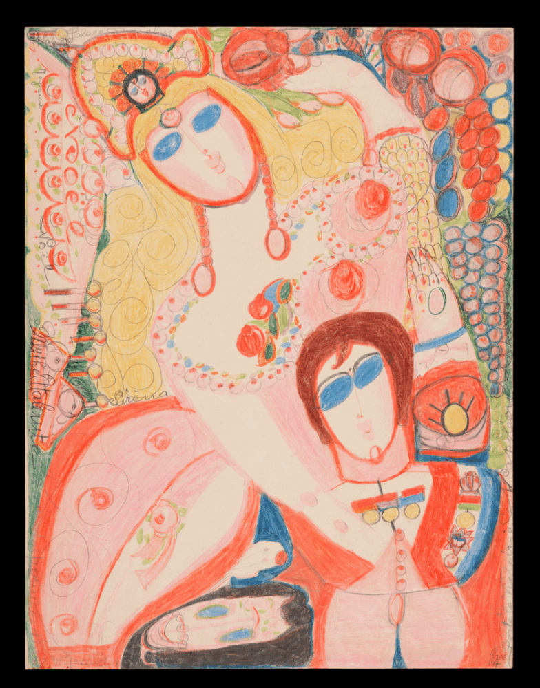 Eine Zeichnung, gemalt mit Farbstiften. Sie zeigt Atalante, die einen goldenen Apfel wirft.