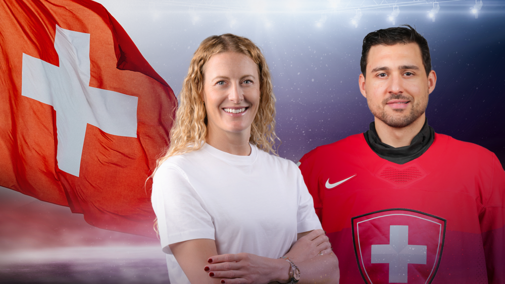 Fanny Smith und Nino Niederreiter neben einer wehenden Schweizer Fahne.