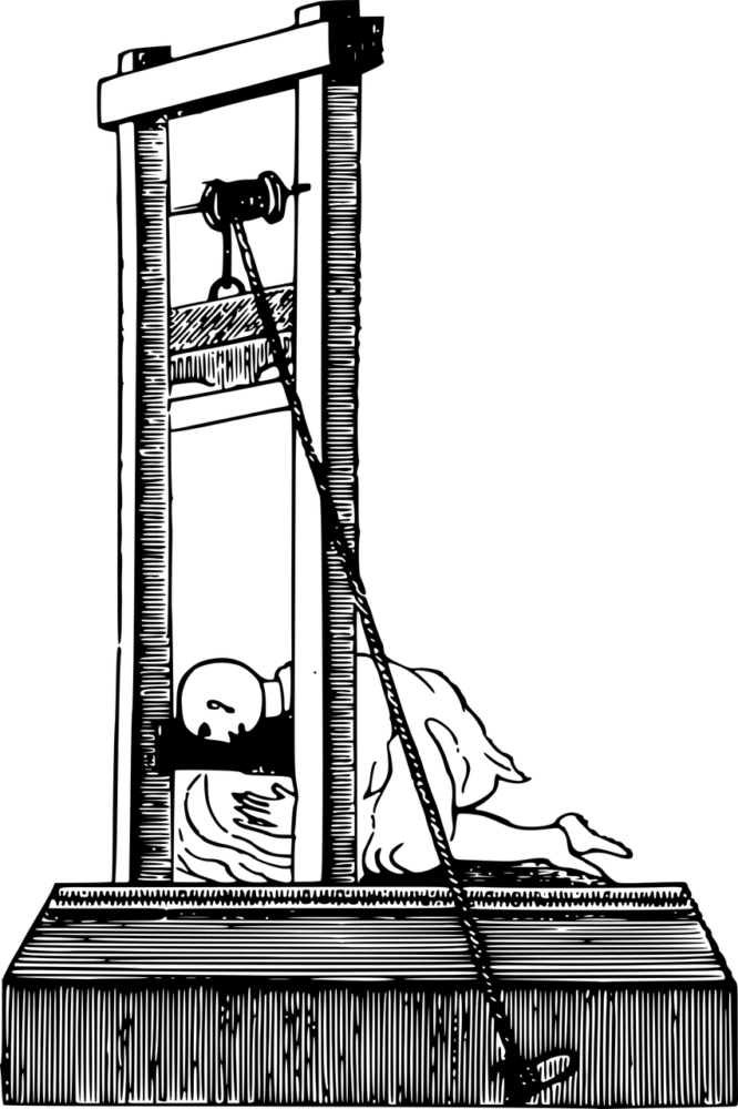 Zeichnung von einer Guillotine. Zwischen zwei Balken hängt eine breite Klinge an einem Seil. Eine Person kniet am Boden und hat den Kopf genau unter dem Beil.