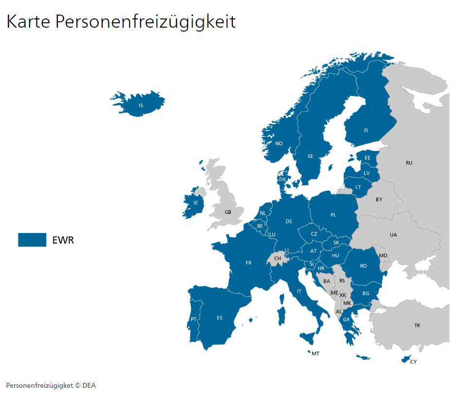 Eine Karte von Europa. Die Länder der EU sind blau eingefärbt. Die Schweiz und die Länder, die nicht zur EU gehören, sind grau eingefärbt.