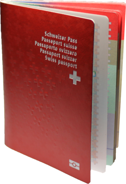 Das Foto zeigt einen biometrischen Schweizer Pass. Der Pass ist rot. Auf dem vorderen Umschlag steht oben rechts: Schweizer Pass, Passeport suisse, Passaporto svizzero, Passaport svizzer, Swiss passport. Darunter gibt es weisses Kreuz.