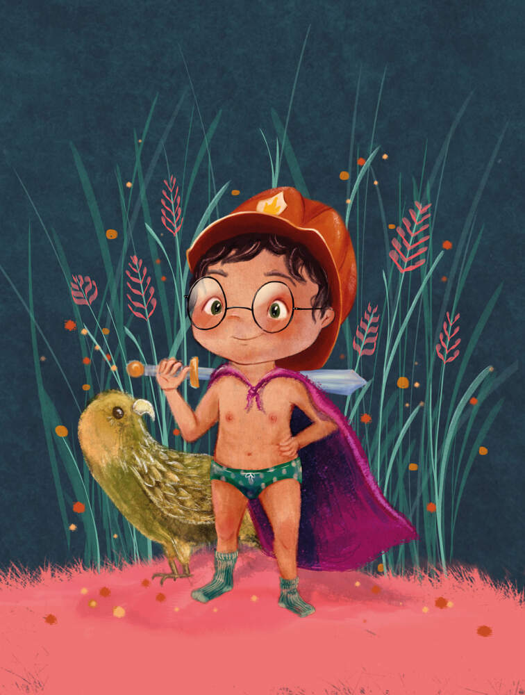 Die Illustration für das Cover des Buches zeigt Linus. Er steht in Unterhose und Socken vor einigen hohen Gräsern. Er trägt eine Brille, einen Umhang und einen Feuerwehrhelm. Hinter seinem Kopf hält er ein Schwert quer über seine Schultern. Links von Linus schaut der Kakapo hervor.