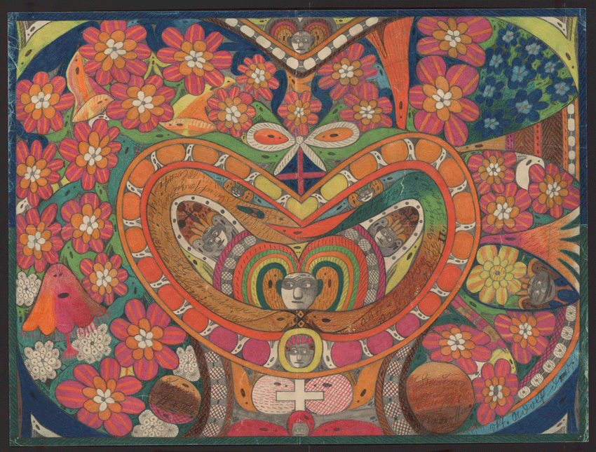 Eine Dornenkrone in Herzform, gemalt mit Farbstiften auf Papier.