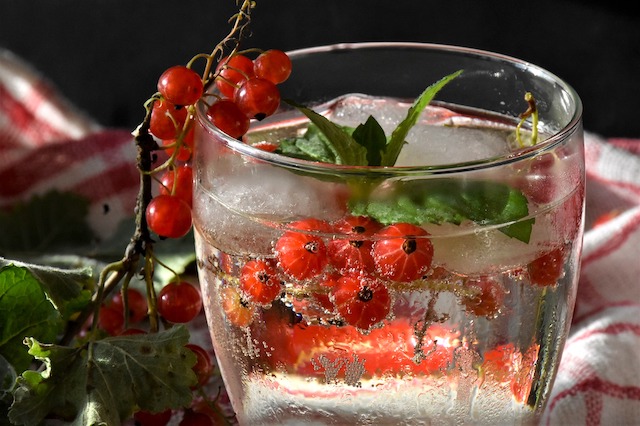 Ein Trinkglas mit Wasser, Eiswürfeln und frischen Johannisbeeren