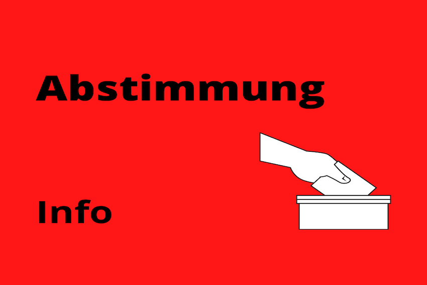 Infografik mit einer Hand, die einen Brief in eine Box einwirft. Darüber steht: Abstimmung. Und daneben steht: Info.