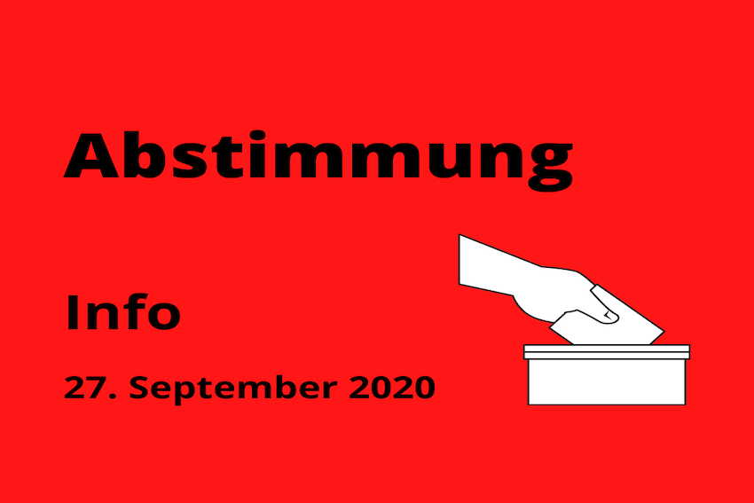 Zeichnung von einer Hand, die einen Zettel in eine Box steckt. Darüber steht: Abstimmung. Neben der Grafik steht: Info und das Datum 27. September 2020.