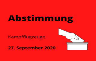 Zeichnung von einer Hand, die einen Zettel in eine Box steckt. Darüber steht: Abstimmung. Unter Abstimmung steht: Kampfflugzeug und das Datum 27. September 2020.