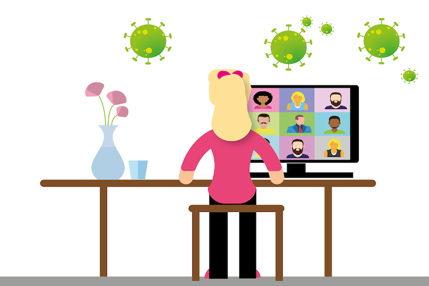 Illustration von einer Frau, die vor einem Computer am Tisch sitzt. Neben ihr steht eine Blumenvase auf dem Tisch. Auf dem Bildschirm sind verschiedene Personen zu sehen. Über der Frau fliegen Corona-Viren.