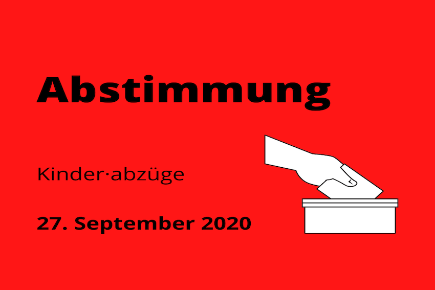 Zeichnung von einer Hand, die einen Zettel in eine Box steckt. Darüber steht: Abstimmung. Unter Abstimmung steht: Kinder·abzüge und das Datum 27. September 2020.