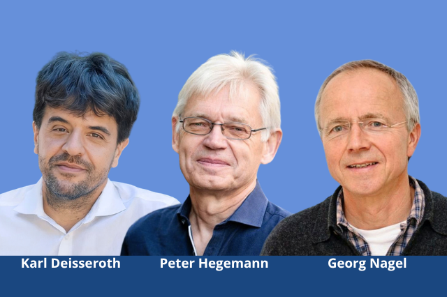 Fotomontage mit den Portr&auml;ts von drei M&auml;nnern vor blauem Hintergrund. Unter den Gesichtern stehen ihre Namen: Karl Deisseroth, Peter Hegemann und Georg Nagel.