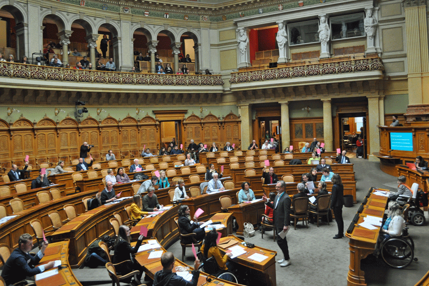 Die Parlamentarierinnen und Parlamentarier stimmen mit rosa Zetteln ab.