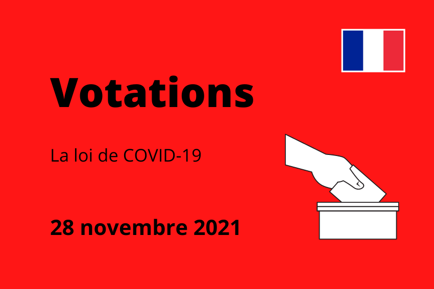 Dessin d'une main mettant un morceau de papier dans une boîte. Au-dessus du dessin, on peut lire : Votations. À côté du dessin, on peut lire : Loi Covid-19 et la date du 28 novembre 2021.