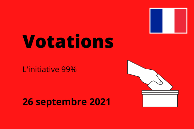 Dessin d'une main mettant un papier dans une boîte. Au-dessus, il est écrit : Votations. À côté du graphique, on peut lire : "Initiative à 99 %" et la date du 26 septembre 2021.