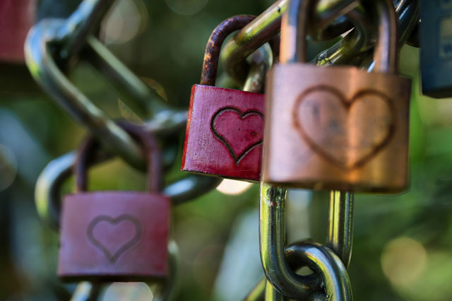 Mehrere Schlösser hängen an einem Zaun. Jedes Schloss hat ein Herz,